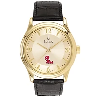Ole Miss Rebels Gold-Tone Stainless Steel Watch with Black Leather