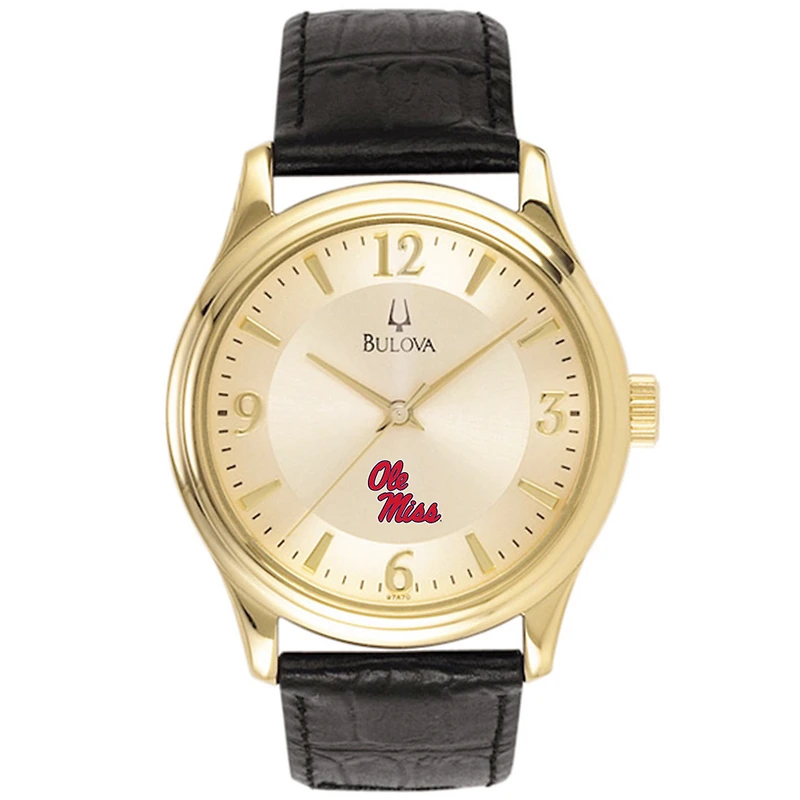 Ole Miss Rebels Gold-Tone Stainless Steel Watch with Black Leather