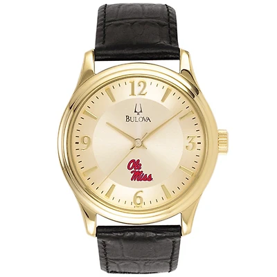 Ole Miss Rebels Gold-Tone Stainless Steel Watch with Black Leather