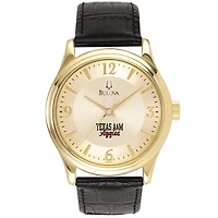 Texas A&M Aggies Gold-Tone Stainless Steel Watch with Black Leather