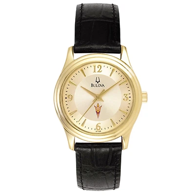 Women's Bulova Gold/Black Arizona State Sun Devils Stainless Steel Watch with Leather Band