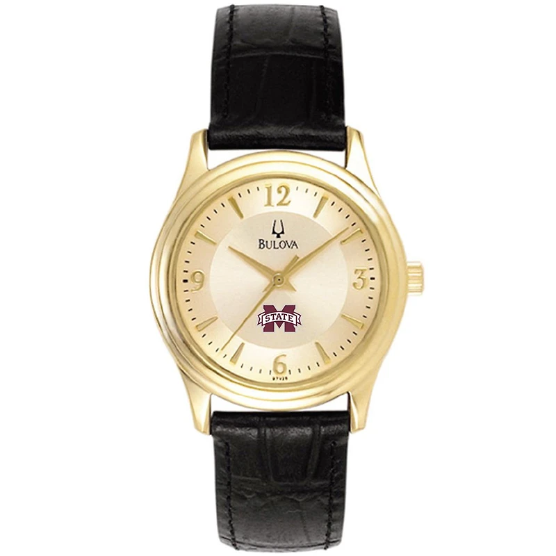Women's Bulova Gold/Black Mississippi State Bulldogs Stainless Steel Watch with Leather Band