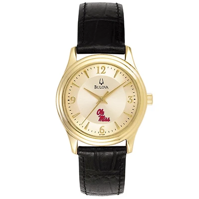 Women's Bulova Gold/Black Ole Miss Rebels Stainless Steel Watch with Leather Band