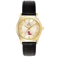 Women's Bulova Gold/Black Ole Miss Rebels Stainless Steel Watch with Leather Band