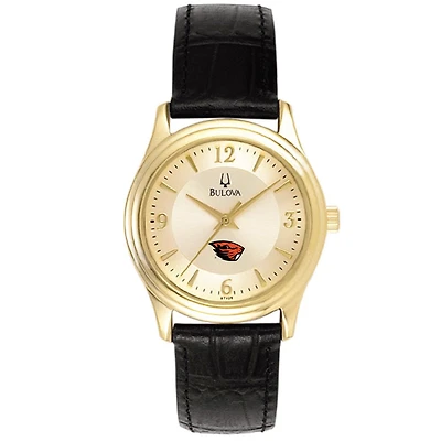 Women's Bulova Gold/Black Oregon State Beavers Stainless Steel Watch with Leather Band