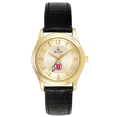 Women's Bulova Gold/Black Utah Utes Stainless Steel Watch with Leather Band