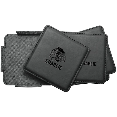 Chicago Blackhawks 4-Pack Personalized Leather Coaster Set