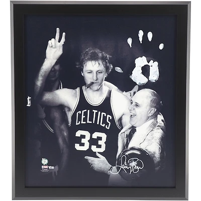 Larry Bird Boston Celtics Autographed Framed 20" x 24" Cigar Celebration with Red Gallery Wrapped Canvas and White Acrylic Paint Hand Print