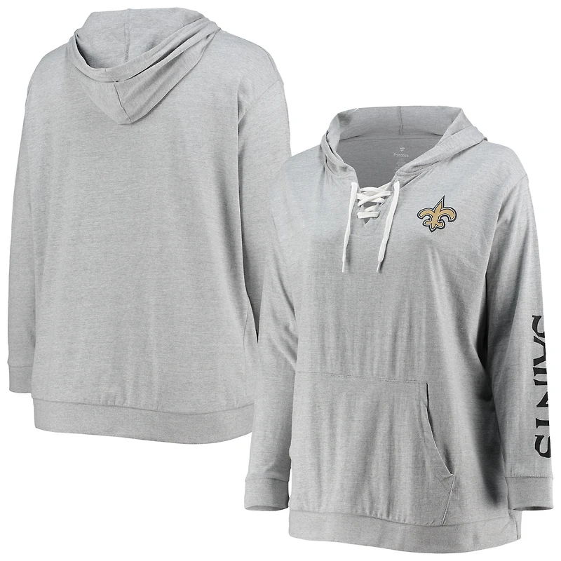 Women's Fanatics Heathered Gray New Orleans Saints Plus Size Lace-Up Pullover Hoodie