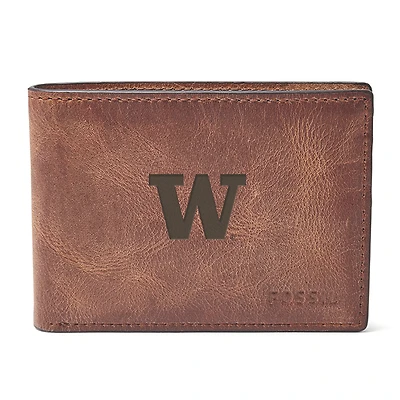 Men's Fossil Brown Washington Huskies Derrick Front Pocket Leather Bi-Fold Wallet