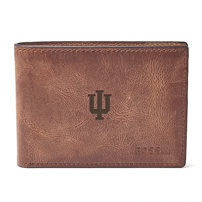 Men's Fossil Brown Indiana Hoosiers Derrick Front Pocket Leather Bi-Fold Wallet