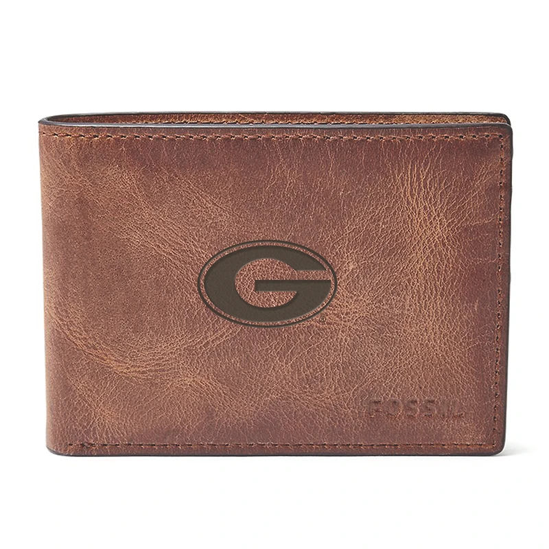 Men's Fossil Brown Georgia Bulldogs Derrick Front Pocket Leather Bi-Fold Wallet