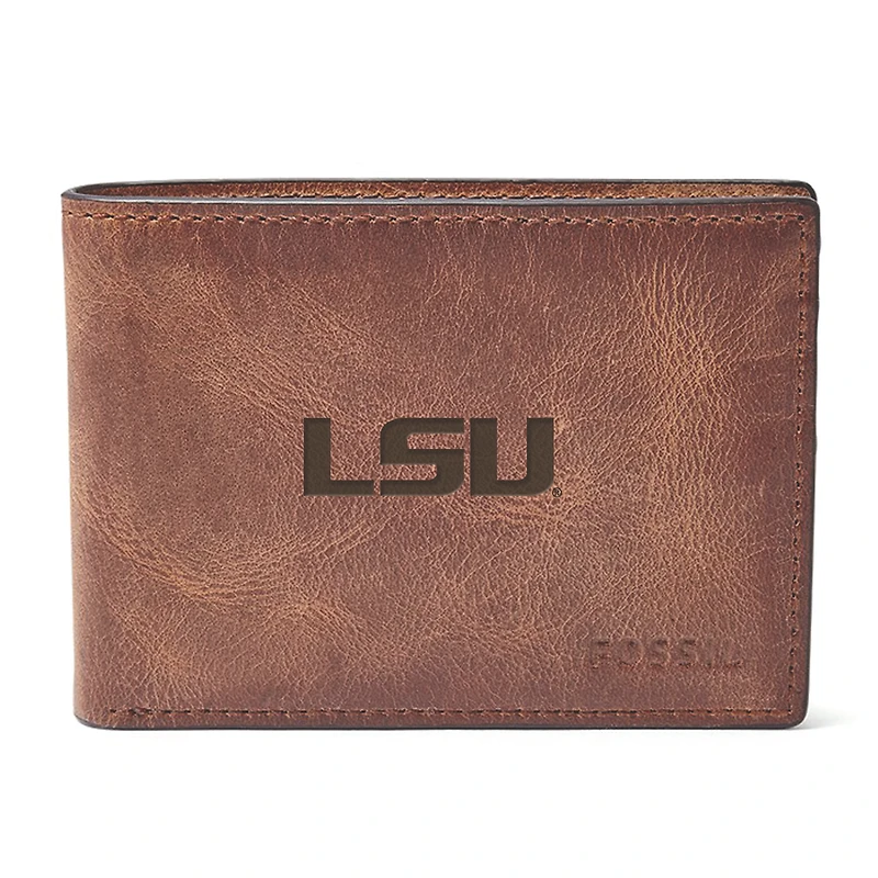 Men's Fossil Brown LSU Tigers Derrick Front Pocket Leather Bi-Fold Wallet