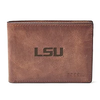 Men's Fossil Brown LSU Tigers Derrick Front Pocket Leather Bi-Fold Wallet