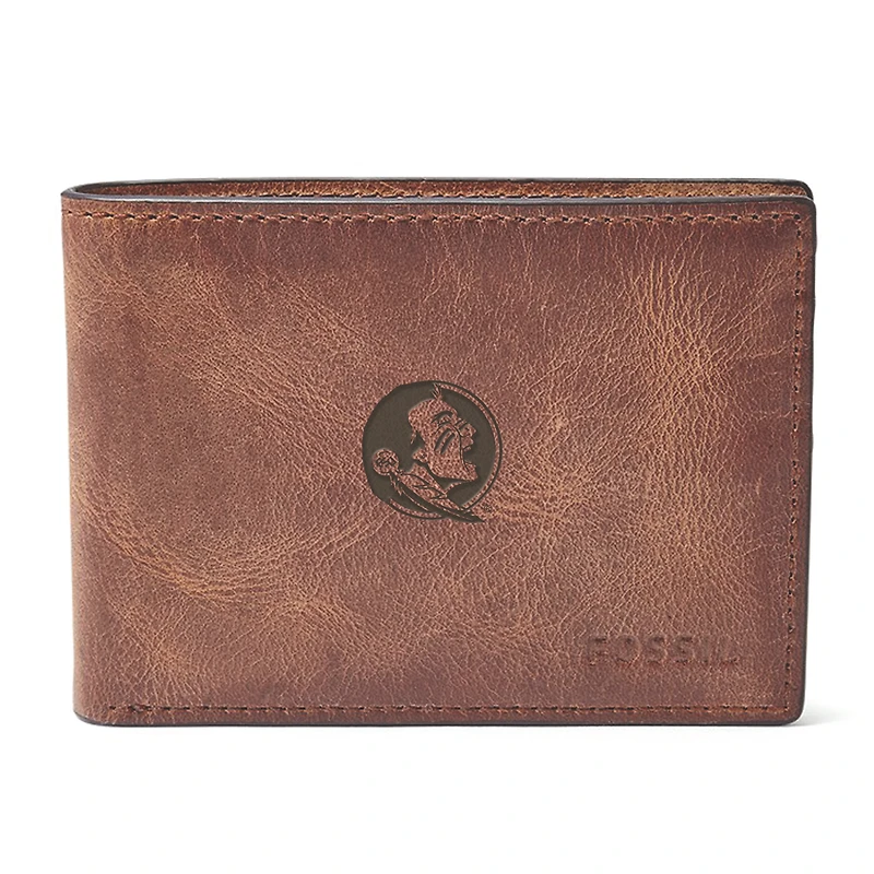 Men's Fossil Brown Florida State Seminoles Derrick Front Pocket Leather Bi-Fold Wallet