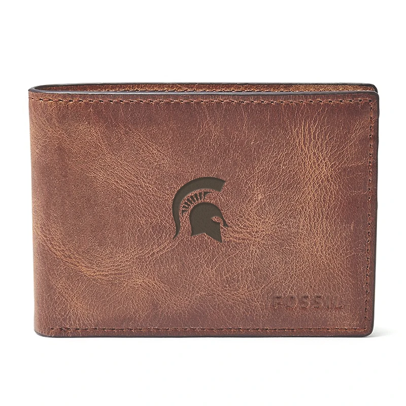 Men's Fossil Brown Michigan State Spartans Derrick Front Pocket Leather Bi-Fold Wallet