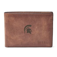 Men's Fossil Brown Michigan State Spartans Derrick Front Pocket Leather Bi-Fold Wallet