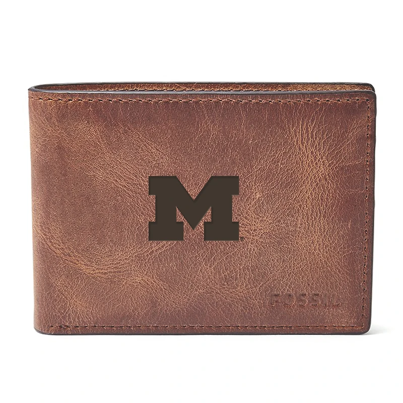 Men's Fossil Brown Michigan Wolverines Derrick Front Pocket Leather Bi-Fold Wallet