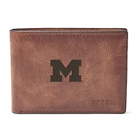 Men's Fossil Brown Michigan Wolverines Derrick Front Pocket Leather Bi-Fold Wallet