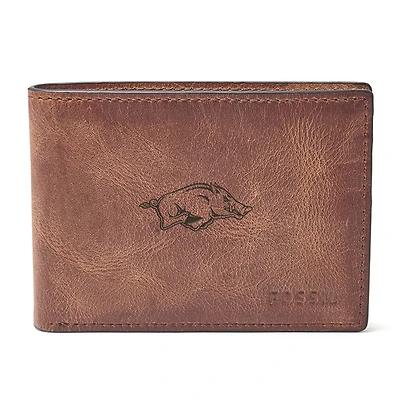 Men's Fossil Brown Arkansas Razorbacks Derrick Front Pocket Leather Bi-Fold Wallet
