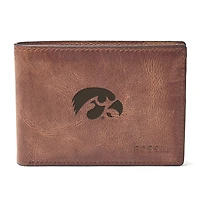 Men's Fossil Brown Iowa Hawkeyes Derrick Front Pocket Leather Bi-Fold Wallet