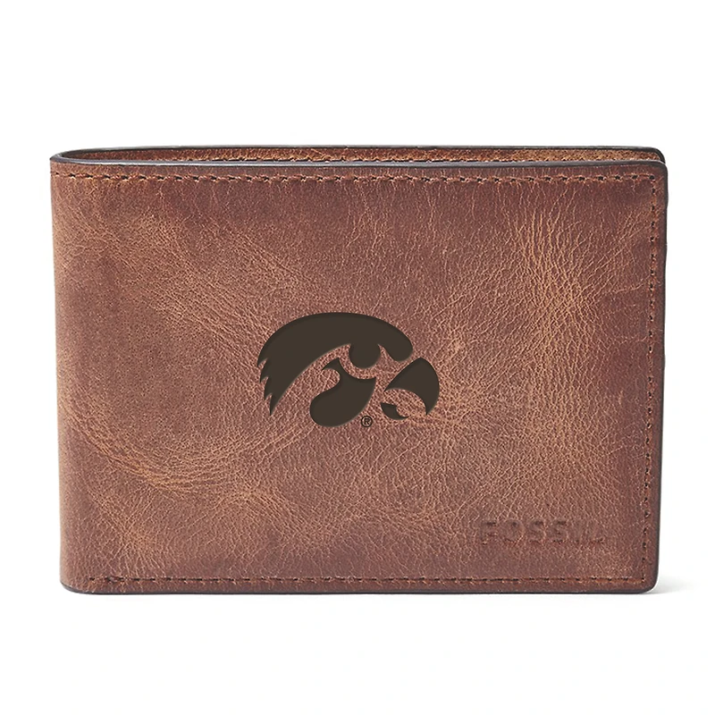 Men's Fossil Brown Iowa Hawkeyes Derrick Front Pocket Leather Bi-Fold Wallet