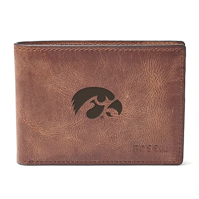 Men's Fossil Brown Iowa Hawkeyes Derrick Front Pocket Leather Bi-Fold Wallet