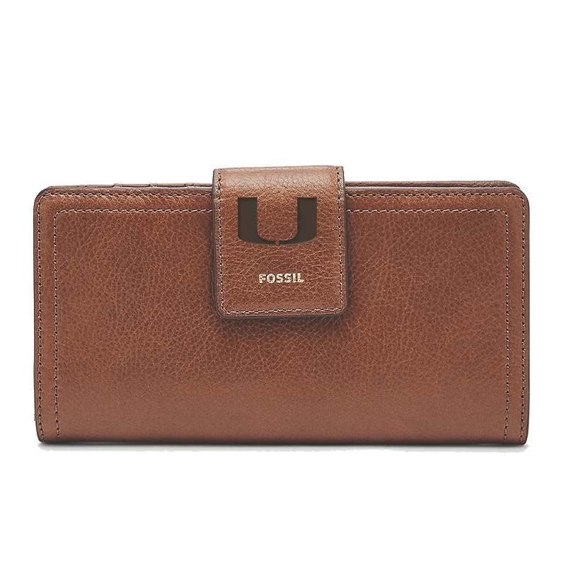 Women's Fossil Brown Miami Hurricanes Leather Logan RFID Tab Clutch
