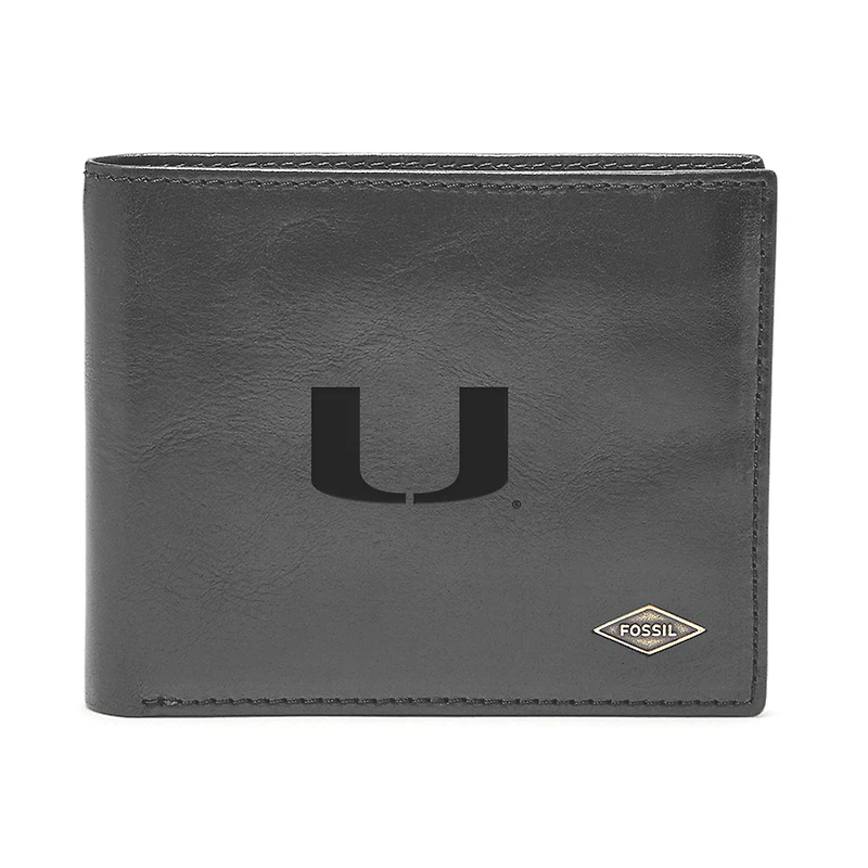 Men's Fossil Black Miami Hurricanes Ryan RFID Flip ID Bi-Fold Wallet