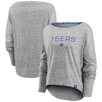 Women's Fanatics Heathered Gray Philadelphia 76ers Nostalgia Off-The-Shoulder Long Sleeve T-Shirt