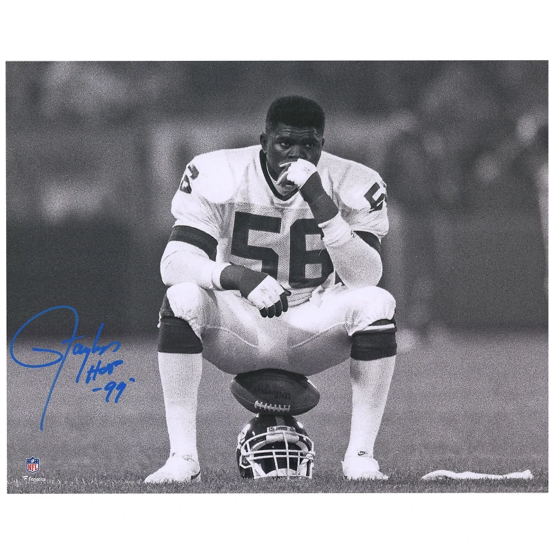 Lawrence Taylor New York Giants Autographed 16" x 20" Helmet Sit Photograph with "HOF 99" Inscription - Blue Ink