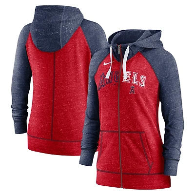 Women's Nike Heather Red/Heather Navy Los Angeles Angels Split Wordmark Gym Vintage Raglan Lightweight Full-Zip Hoodie