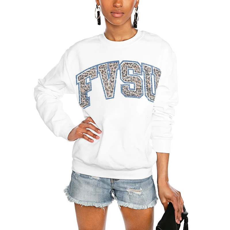 Women's Gameday Couture White Fort Valley State Wildcats Distressed Snap Perfect Oversized Pullover Sweatshirt
