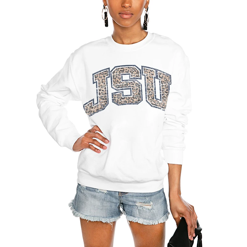 Women's Gameday Couture White Jackson State Tigers Distressed Snap Perfect Oversized Pullover Sweatshirt