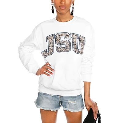 Women's Gameday Couture White Jackson State Tigers Distressed Snap Perfect Oversized Pullover Sweatshirt
