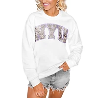 Women's Gameday Couture White NYU Violets Distressed Snap Perfect Oversized Pullover Sweatshirt