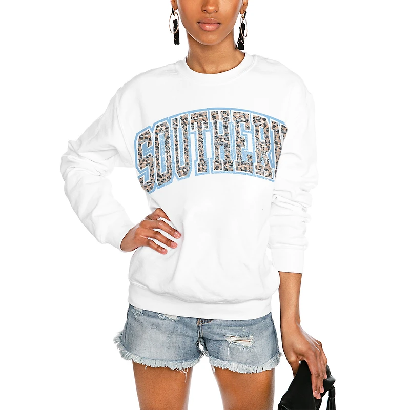 Women's Gameday Couture White Southern University Jaguars Distressed Snap Perfect Oversized Pullover Sweatshirt