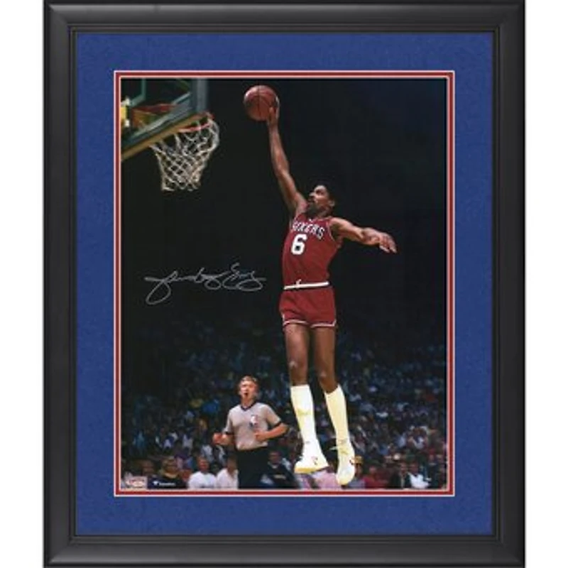 Julius Erving Philadelphia 76ers Autographed Framed 16'' x 20'' Dunking with Red Jersey Photograph - Suede Mat Upgrade