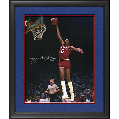 Julius Erving Philadelphia 76ers Autographed Framed 16'' x 20'' Dunking with Red Jersey Photograph - Suede Mat Upgrade