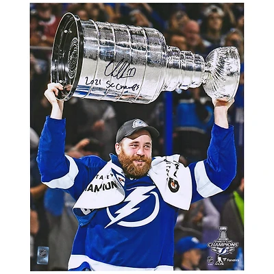Victor Hedman Tampa Bay Lightning Autographed 2021 Stanley Cup Champions 16" x 20" Raising Cup Photograph with "2021 SC Champs" Inscription