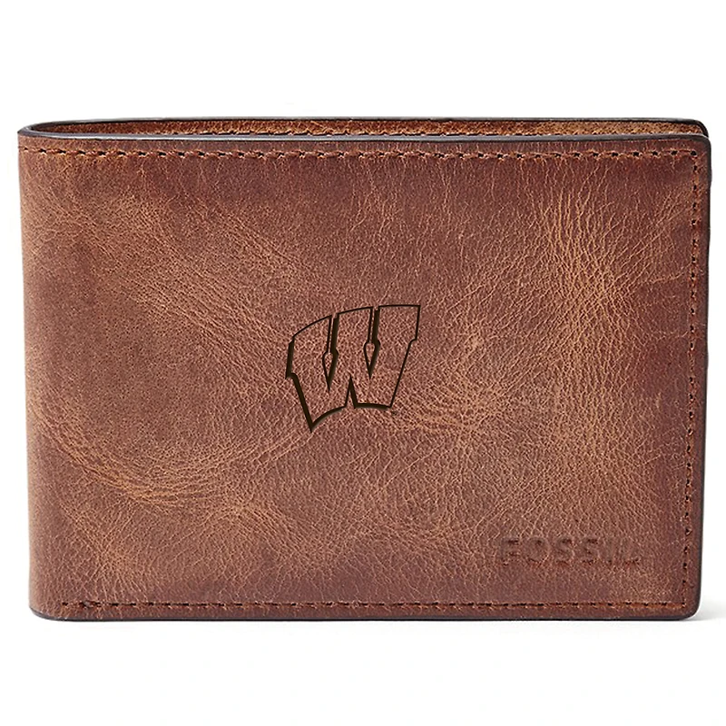 Men's Fossil Brown Wisconsin Badgers Leather Derrick Front Pocket Bifold Wallet
