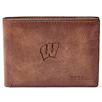 Men's Fossil Brown Wisconsin Badgers Leather Derrick Front Pocket Bifold Wallet
