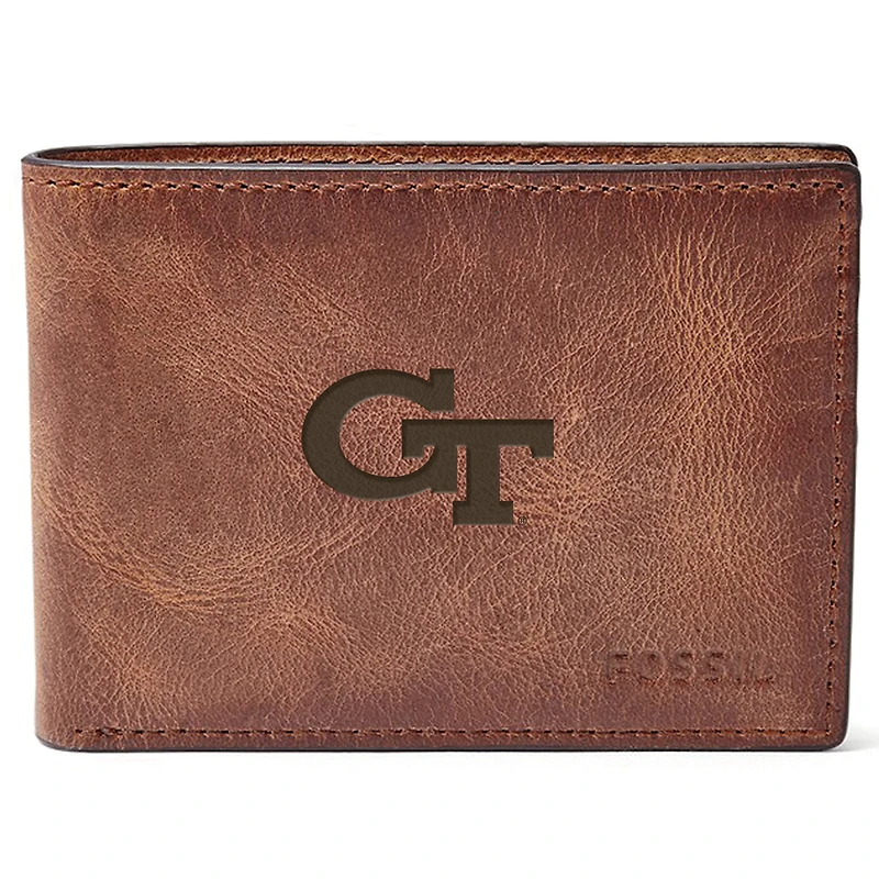 Men's Fossil Brown Georgia Tech Yellow Jackets Leather Derrick Front Pocket Bifold Wallet