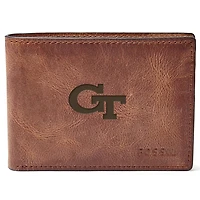 Men's Fossil Brown Georgia Tech Yellow Jackets Leather Derrick Front Pocket Bifold Wallet