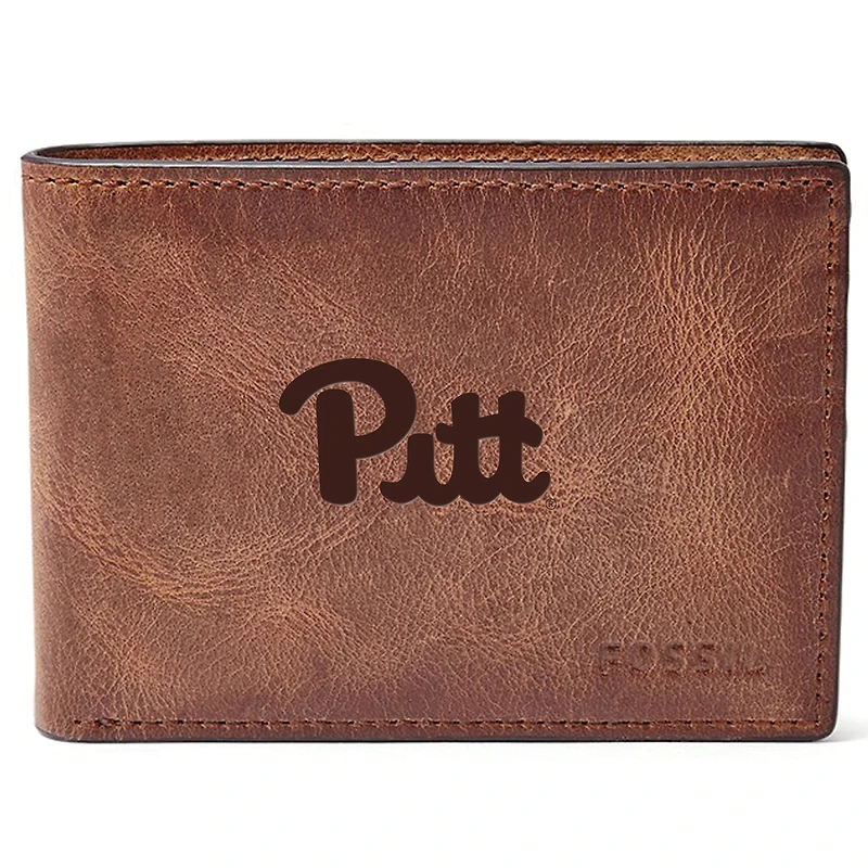 Men's Fossil Brown Pitt Panthers Leather Derrick Front Pocket Bifold Wallet