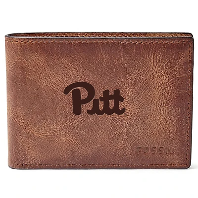 Men's Fossil Brown Pitt Panthers Leather Derrick Front Pocket Bifold Wallet