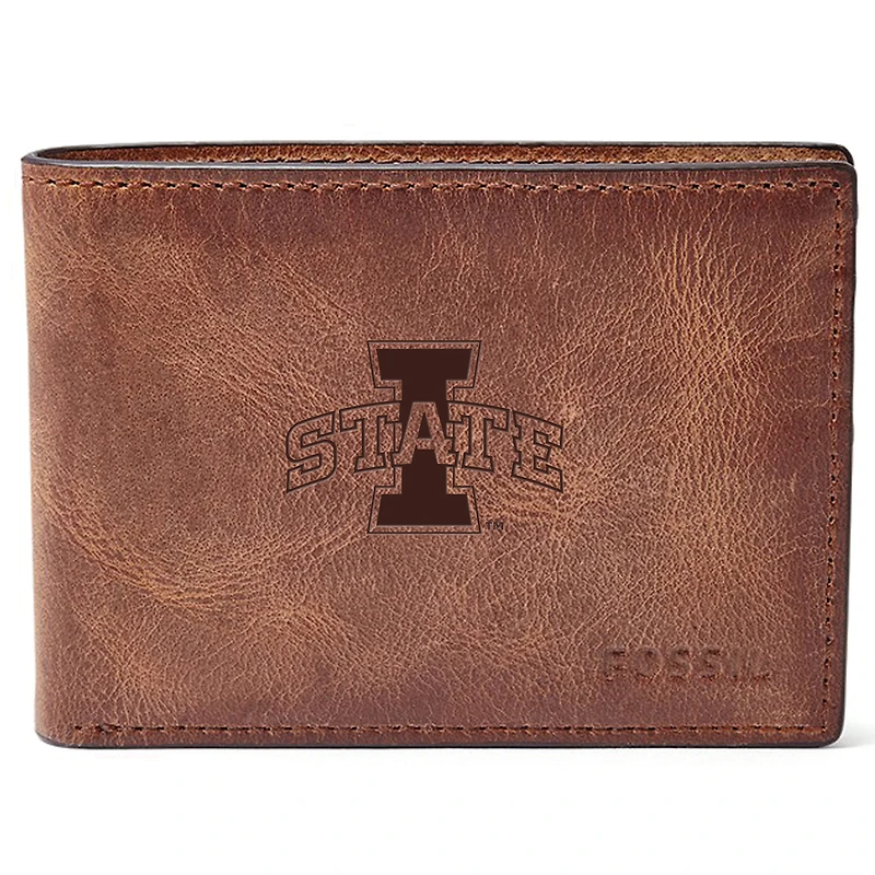 Men's Fossil Brown Iowa State Cyclones Leather Derrick Front Pocket Bifold Wallet