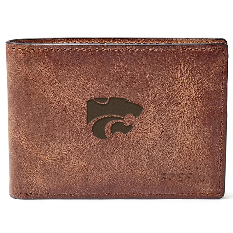 Men's Fossil Brown Kansas State Wildcats Leather Derrick Front Pocket Bifold Wallet