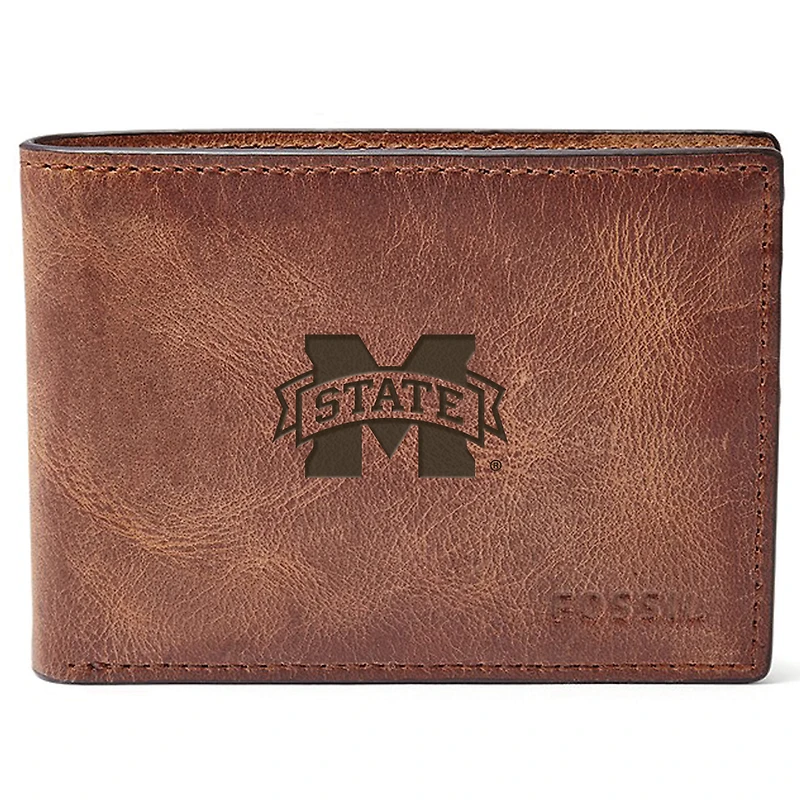 Men's Fossil Brown Mississippi State Bulldogs Leather Derrick Front Pocket Bifold Wallet