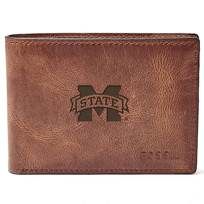 Men's Fossil Brown Mississippi State Bulldogs Leather Derrick Front Pocket Bifold Wallet